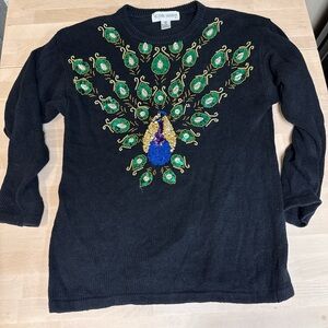 VINTAGE Victoria Harbour‎ Black Sweater with Peacock Embroidery